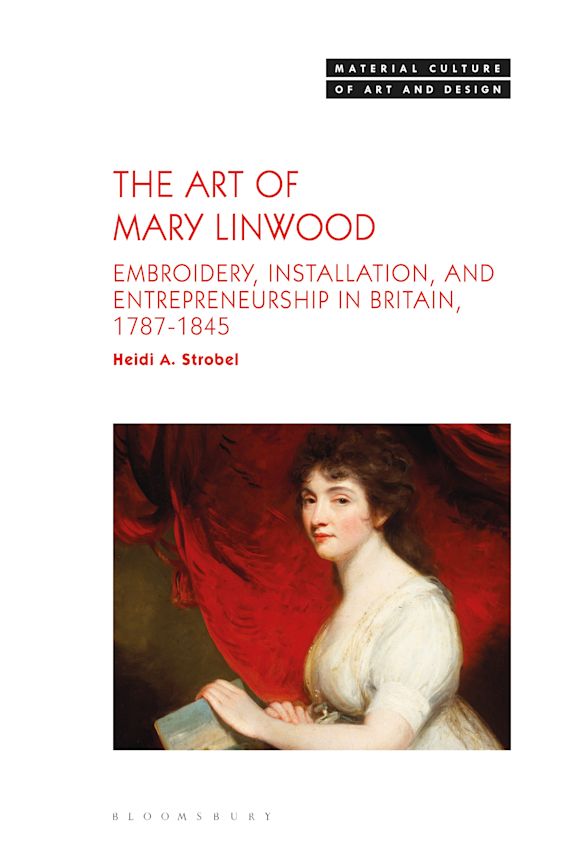 Title of the book and underneath in a portraitt of a woman in white sitting in front of a red curtain.